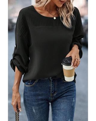 Black Roll Up Sleeve Stitching Detail Blouse
