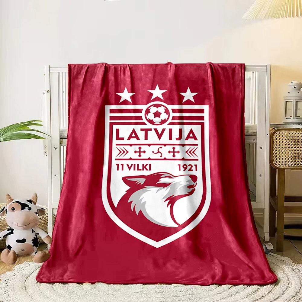 Artistic Latvia Football Team Crest Emblem Red Plush Blanket, Chunky Knit Throw for Sofa Nights, Soft Velvet Blanket for Lounging