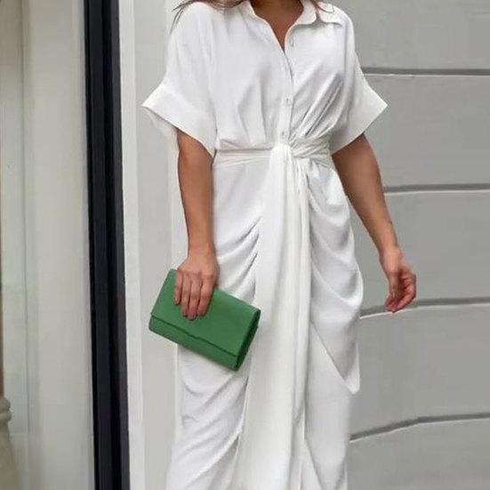 Женское летнее платье с отложным воротником на шнуровке, высокой талией и короткими рукавами, однобортное плиссированное платье макси длиной до щиколотки