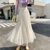 Korean Chic Spring Summer Women Midi Mesh Skirt High Waist Apricot Black Mermaid Tulle Skirt Elegant Feminine Trumpet Skirts Womens