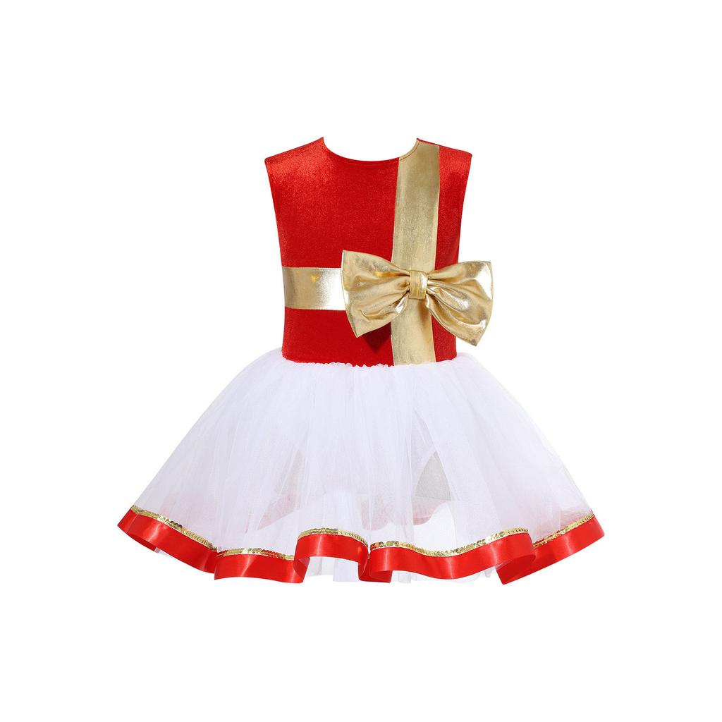 Girls Christmas Dance Dress Sleeveless Keyhole Back Patchwork Bow Sequin Design Leotard Party Costume Santa Theme