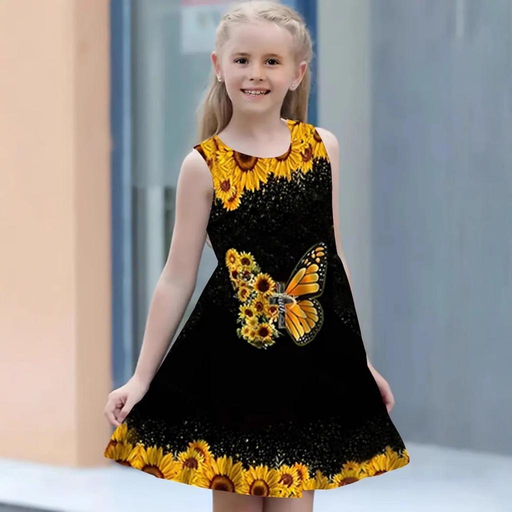 Girls Round Neck Sleeveless Vest Dress Dress Dresses Lovely Splicing Collision Colour Princess Dress 3D Digital Printing