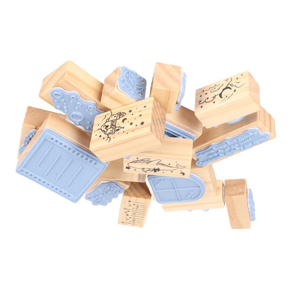 16pcs Clear Imprint Decorative Wood Stamp Moon Cloud Scenery Rectangle Stamp Set  For DIY Crafts