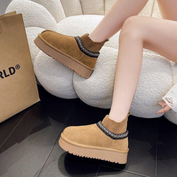 Осень и зима новые зимние ботинки женские 2025 новые на толстой подошве бархатные утолщенные на одной педали повседневные вязаные короткие ботинки женские