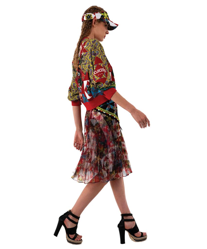 Greedius Red Geometric Pleated Skirt