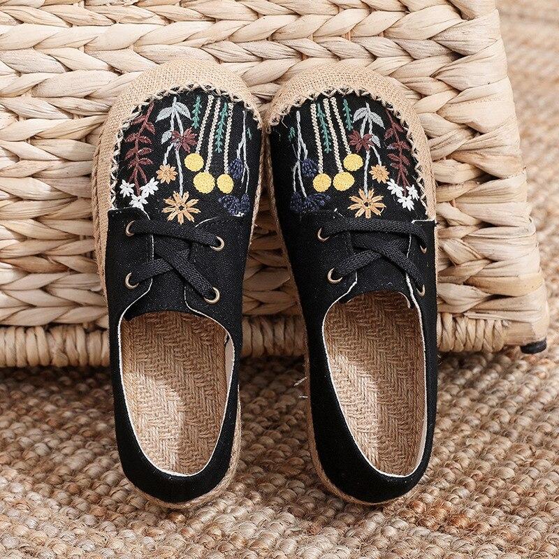 Johnature Flats Women Shoes Embroider Retro Lace-up Round Toe Cotton Linen Handmade Concise Comfortable Ladies Shoes