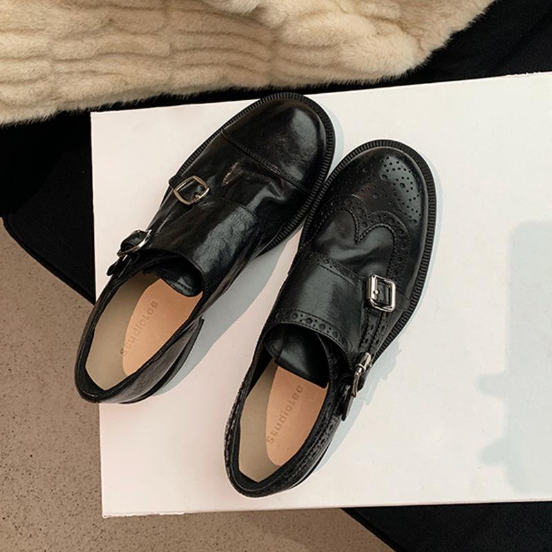 Виноградная мать того же стиля, Хаттон Колледж~ Усадочная лошадиная кожа двойная пряжка круглый носок толстый каблук универсальные кожаные туфли в британском стиле женские