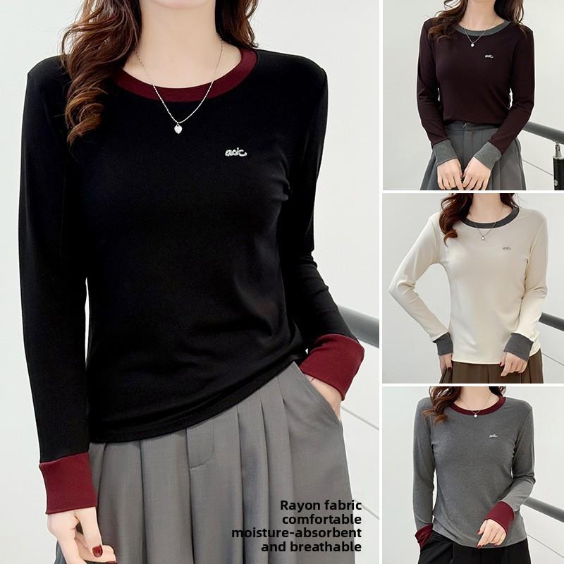 2026 new long-sleeve women's t-shirt, color-blocked base shirt, slim-fit inner top