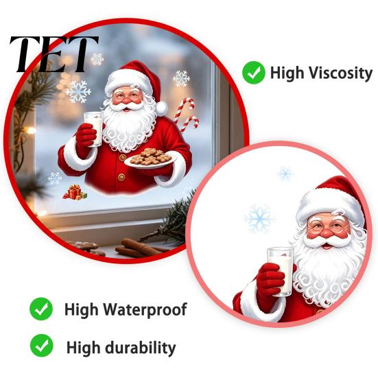 Christmas Indoor Outdoor Ornaments Santa Claus Window Clings, Reusable Static Holding Milk And Cookies Easy Apply Decorations Glass Decals,