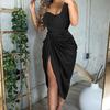 Женские нижние юбки размера плюс, драпированное облегающее платье на тонких бретельках с высоким вырезом на одно плечо, с разрезом по бокам, атласное платье миди, женская одежда