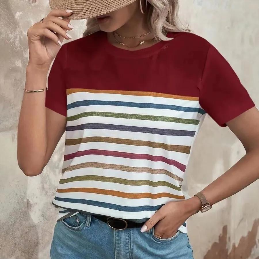 Summer Women Fashion Striped T-Shirt Holiday Tops 3d Print Shirt Harajuku Female Shirt Loose Set Head Short-Sleeved Clothing