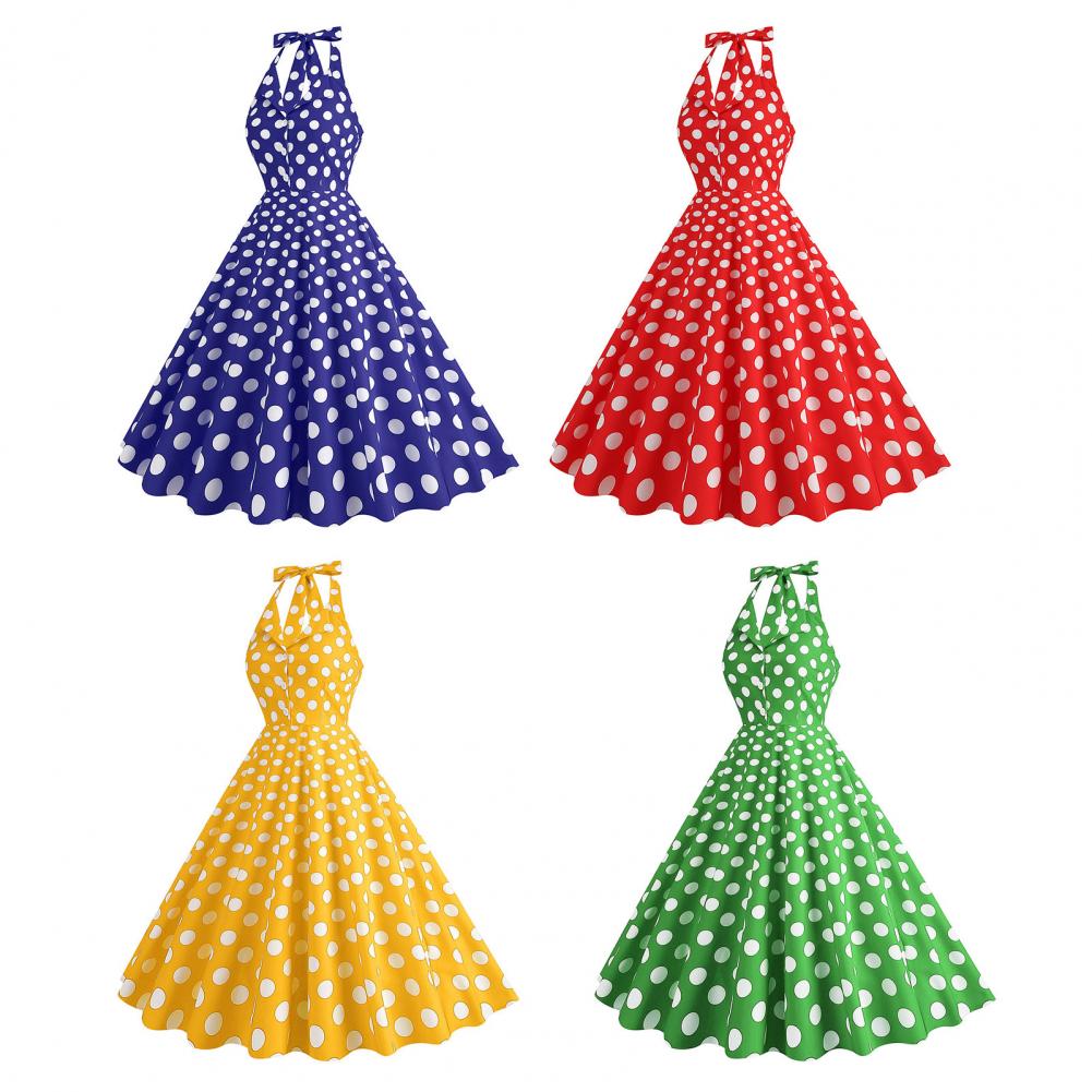 Женское вечернее платье в стиле ретро с принтом в горошек, А-силуэта, с открытой спиной, с вырезом-халтер и V-образным вырезом, облегающее, с высокой талией, на пуговицах