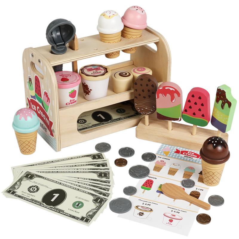 Wooden Pretend Kids Ice Cream Shop Playset With Natural Finish For Birthday Gift