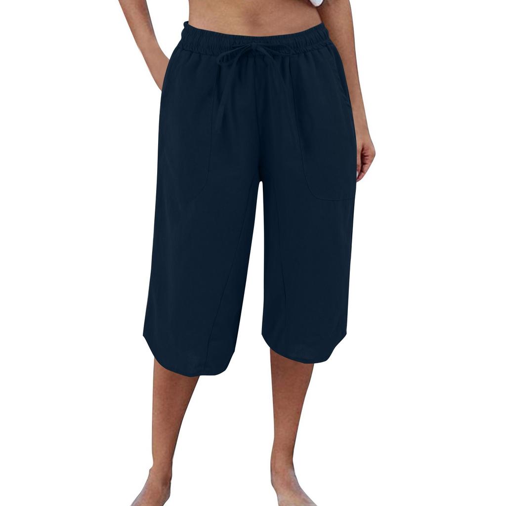 Женские повседневные брюки из хлопка и пеньки с высокой талией и широкими штанинами на шнурке