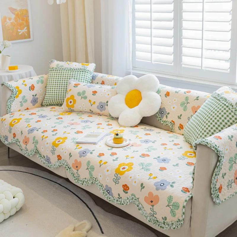 Pure Cotton Simple Dustproof Sofa Mat Retro Small Floral Comfortable Cushion Four Seasons Universal Anti Slip Couch Cover Cloth