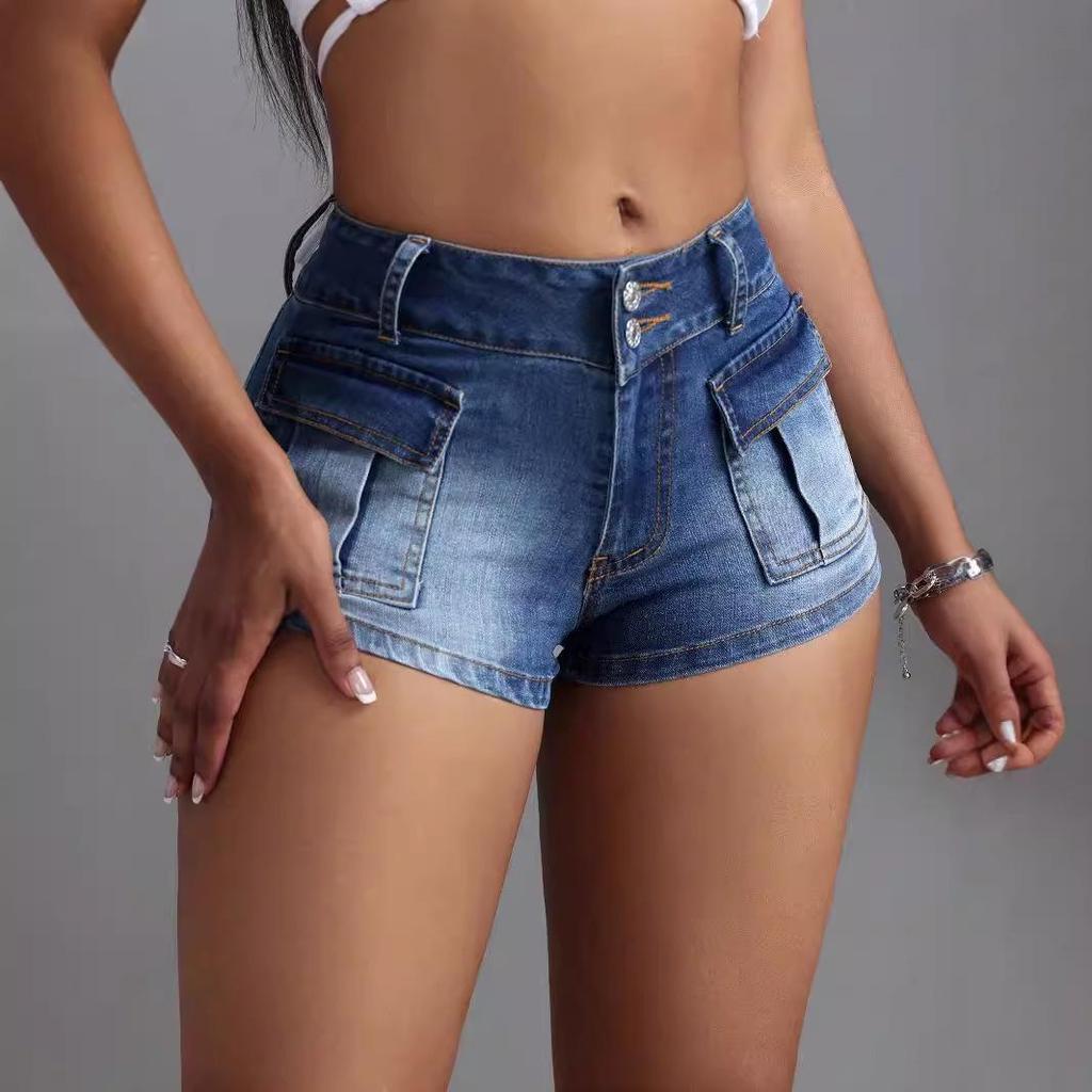 Европейская и американская мода Женские полуэластичные джинсовые шорты с большими карманами