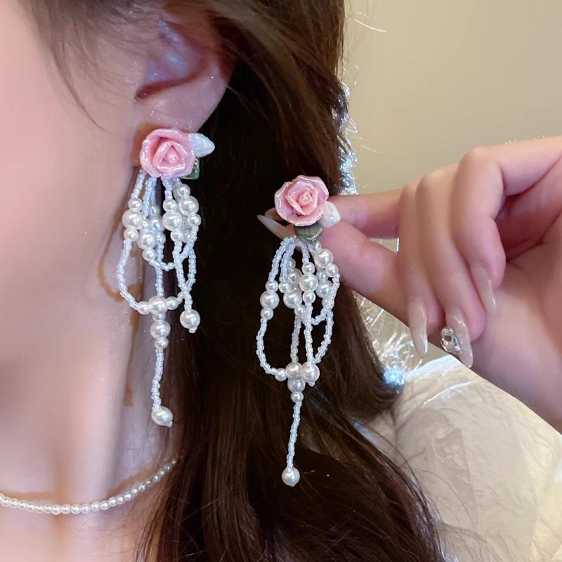 Серебряная игла дворцовые ретро цветочные жемчужные серьги с бантом и бахромой элегантные супер-сказочные серьги подходят для лета