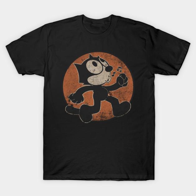 Asian Size Men Black Print T-shirt Felix The Cat Vintage No-Cut Heat Transfer Print Cotton Tshirt