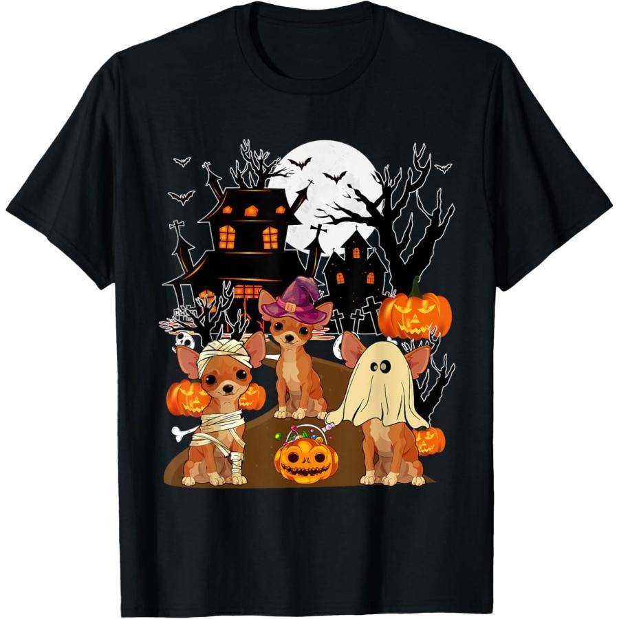 Футболка с тремя чихуахуа на Хэллоуин в образах ведьмы, привидения Boo, монстра-мумии