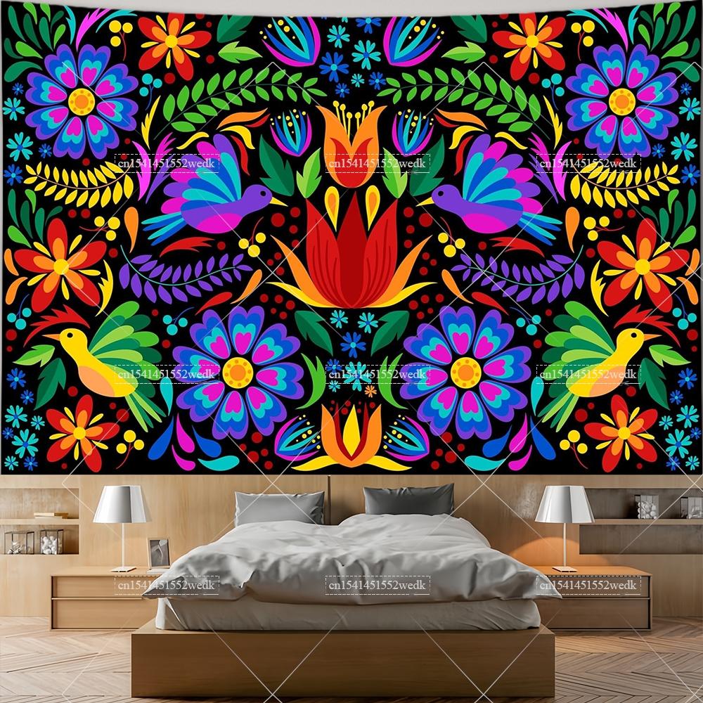Мексиканский цветочный гобелен Мексиканские растения Цветы Вышивка Этнический Отоми Птицы Гобелены Эстетичный Декор Комнаты Иллюстрации Фон