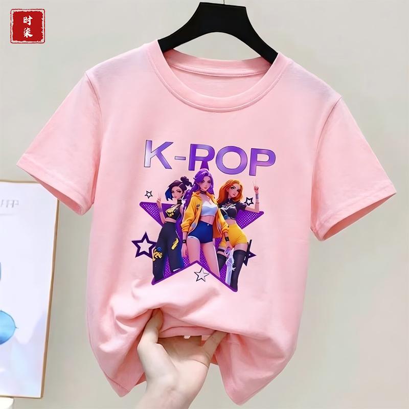 Childrens Kpop Demon Hunter Tshirt girls shortsleeved Tshirt childrens Saja Tshirt childrens casual clothing