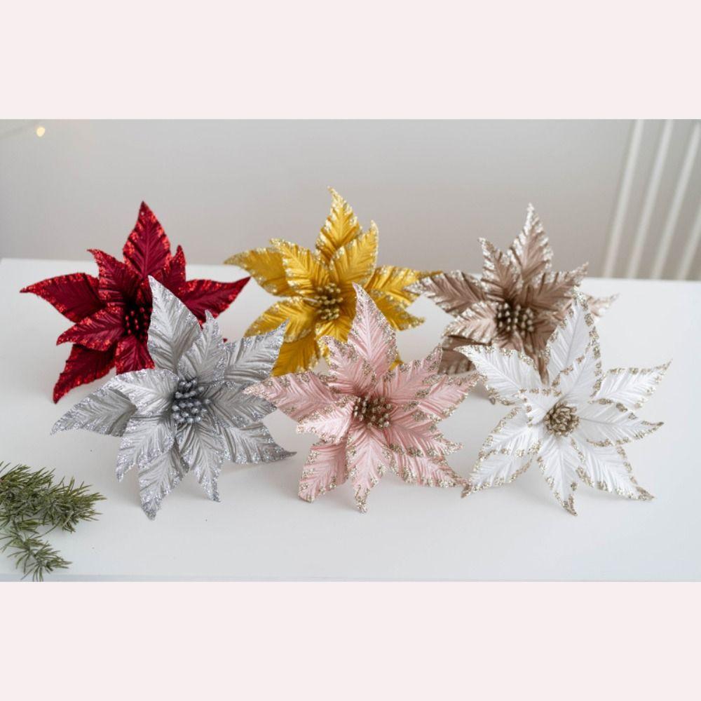 New Fabric Plastic Christmas Artificial Flowers 25cm DIY Decoration Fake Flower Ornaments Glitter Poinsettia Xmas