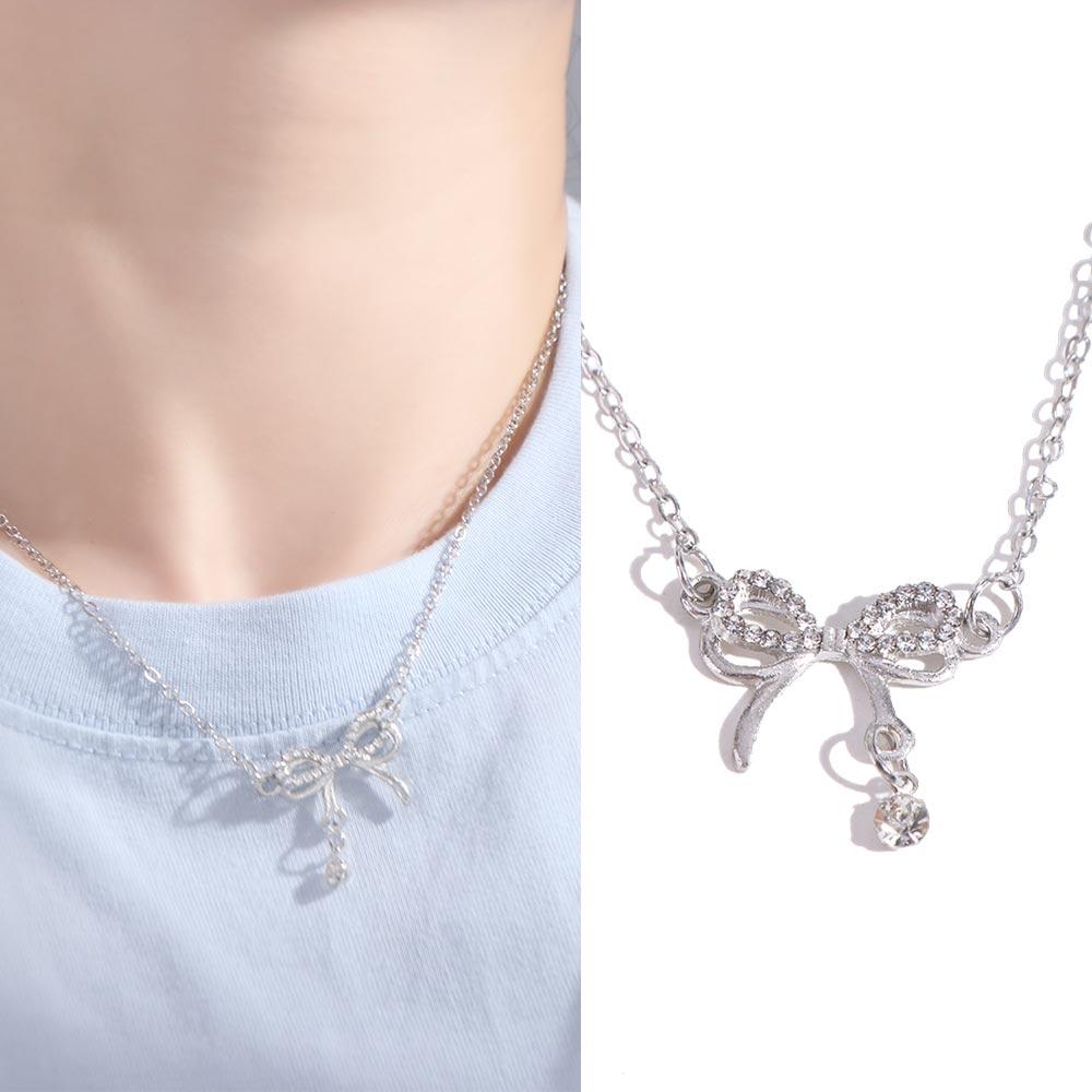 Love Heart Pendant Silver Bowknot Necklace Jewelry Accessories Simple Pendant Chain Wedding