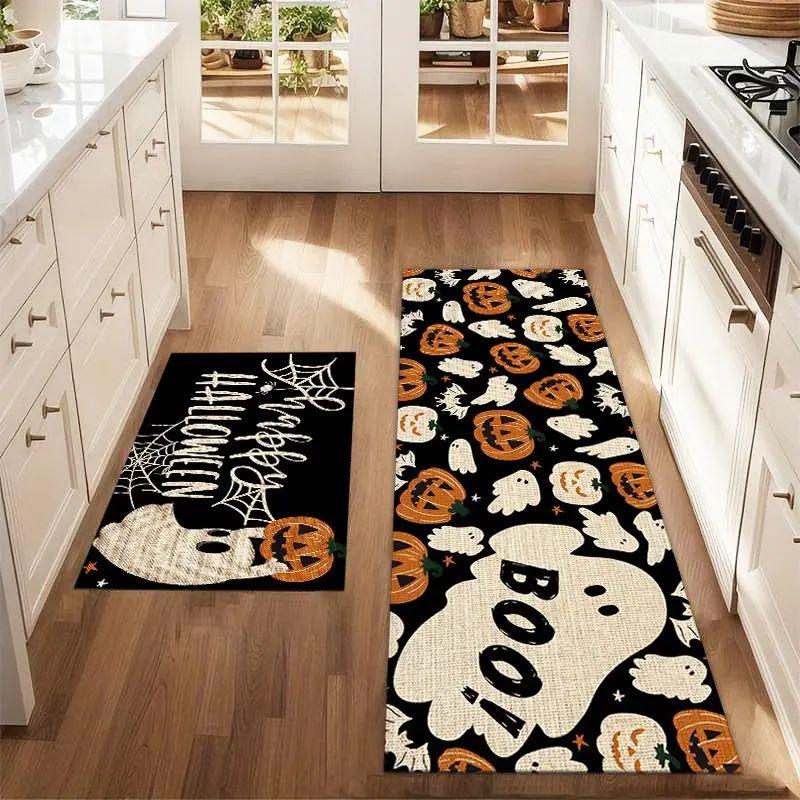 Halloween Kitchen Mat Set Black Gold Stripe Pumpkin Boo Runner Mat Entryway Holiday Home Decor Aesthetic Art Cute