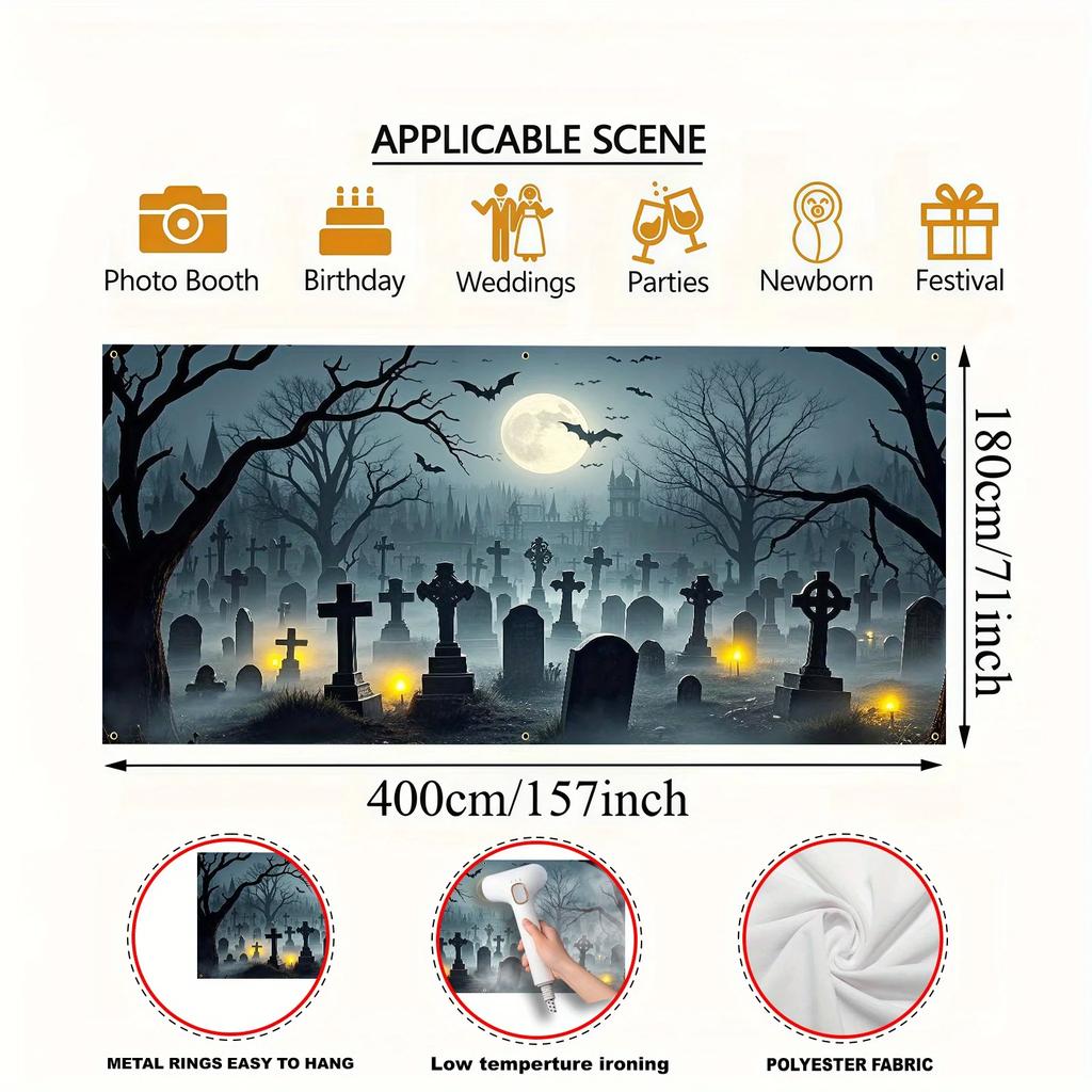 Halloween garage door banner featuring a spooky graveyard scene with bats, full moon and skull decorations