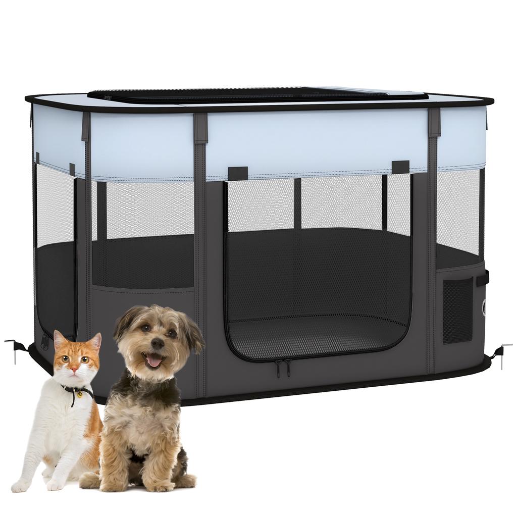Pet Playpen with 7 Windows, 3 Doors and 2 Storage Bags, Made of Polyester and Steel, 84x64x53 cm