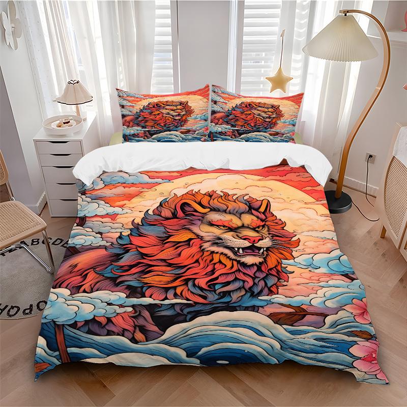 3pcs Lion Sunset Waves Duvet Cover Set, Cover For Bedroom Guest Room (1 Duvet Cover + 2 Pillowcase, Without Quilt), yy250922167
