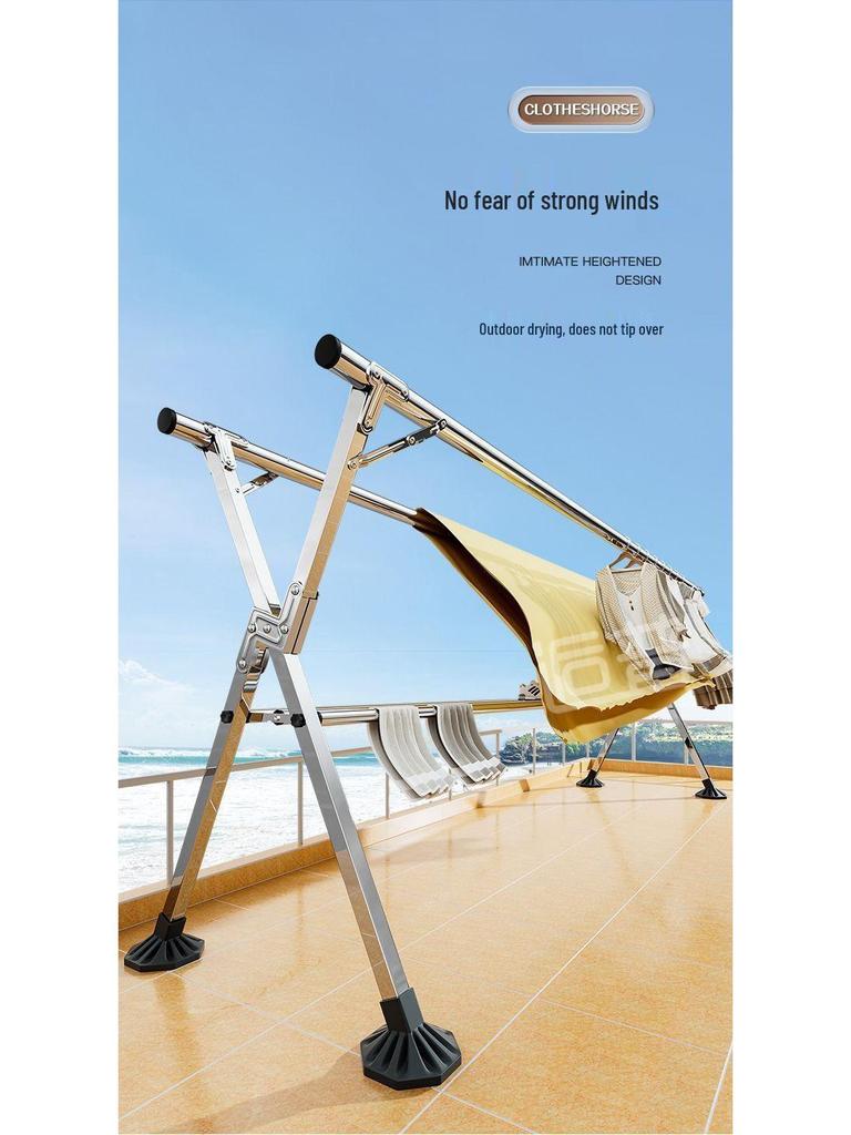 Bold Stainless Steel Folding Clothes Drying Rack - Floor-Standing, Telescopic, Indoor/Outdoor Use, Vertical Hanging Rod.