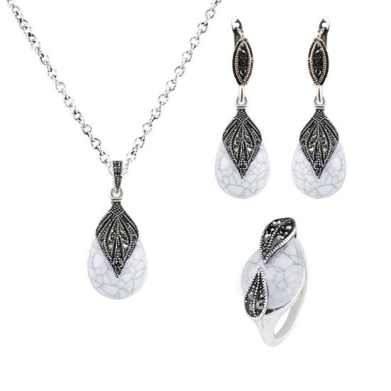 Винтажный лист с подвеской из искусственной бирюзы, ожерелье, кольцо, серьги на спине, комплект ювелирных изделий