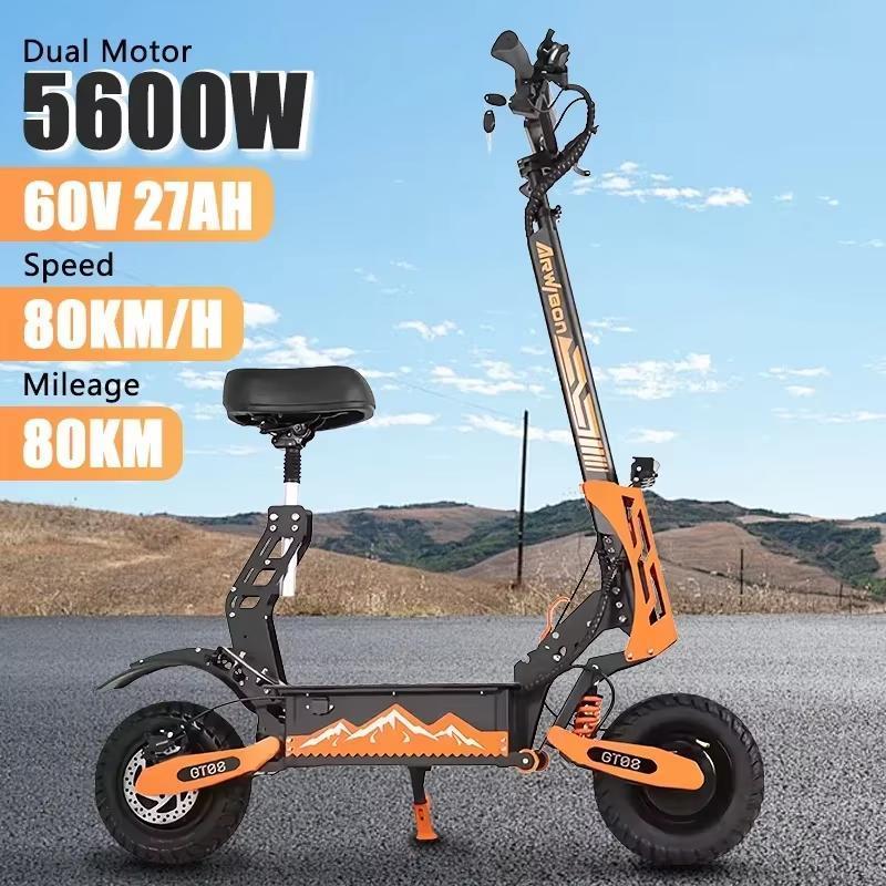 GT08 2024 Электросамокат с двойным мотором 5600 Вт, 60 В 27 Ач, Быстрая скорость 65-75 км/ч, ЖК-дисплей, 11-дюймовые колеса, Запас хода 80 км, Складной электросамокат