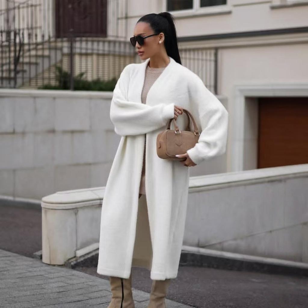 Imitation mink white knitted sweater cardigan coat women's autumn and winter new loose plush long cardigan