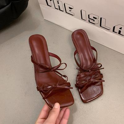 Элегантные босоножки на высоком каблуке с бантом, женские, дизайн с квадратным носком, тонкий каблук, шлепанцы, женская модная обувь слипон для вечеринок