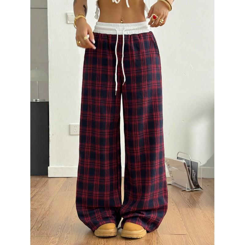 High-Waisted Loose Straight Cut Plaid Patchwork Casual Trousers Women Comfortable Stretchy Pants