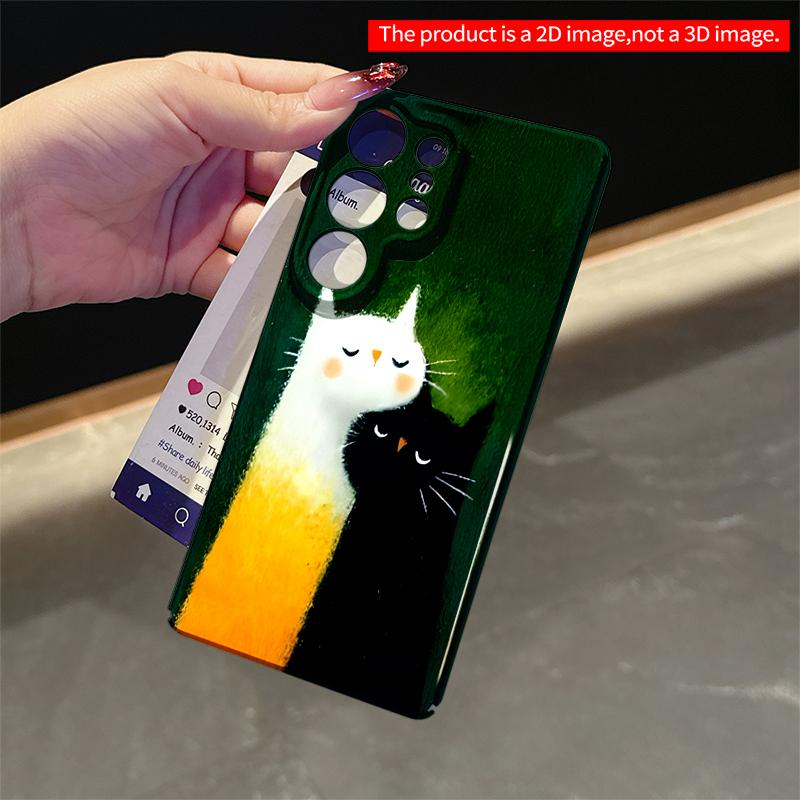 2DFlat Samsung phone case Whimsical White & Black Cats Embrace on Green Canvas Applicable to Galaxy S23 S24 S25ULTRA S26 A12 A14 A15 A16 A54 A55
