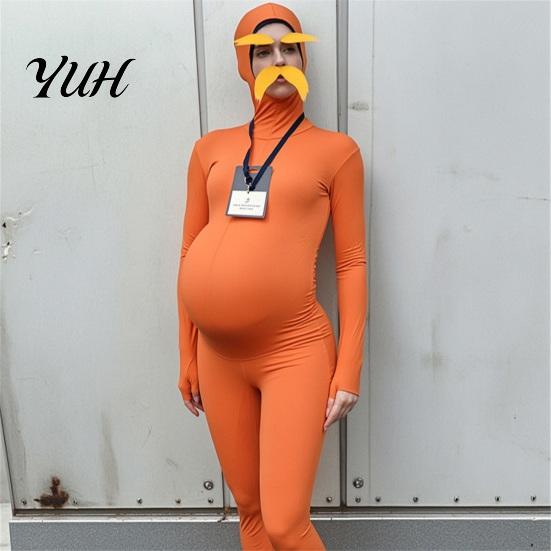 Solid Color Costume Orange Full Bodysuit for Kids Adults, with Belly, Yellow Mustache & Eyebrows, Stretchy Zentai Suit Men Women Open Face Suit,