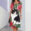 New Women's Dresses Cartoon Cat Printed Summer Vacation Elegant Dress Feamle Short Sleeve Dresses Fashion Oversized Clothes