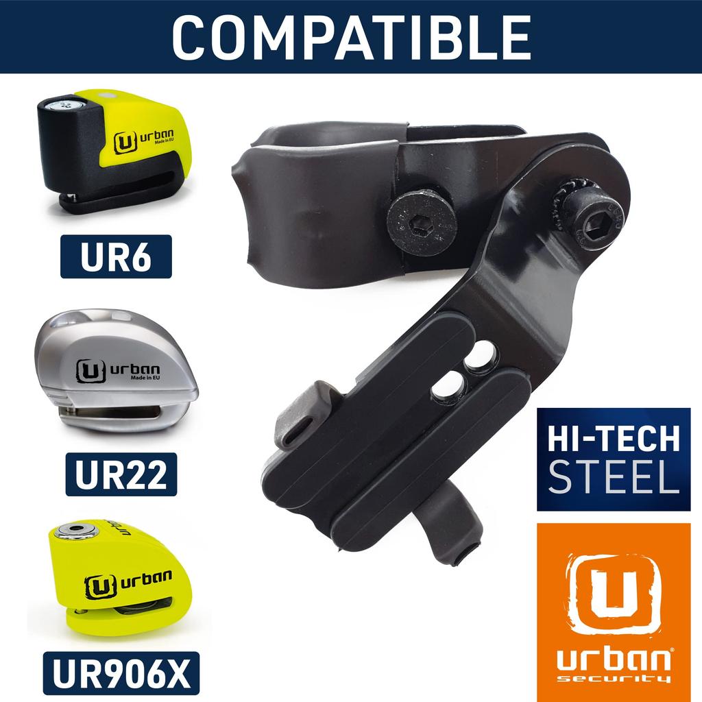 Urban UR352 Alarm Disc Lock with Transport Bracket for the Urban UR6 and Attaches To Motorcycle Screws or Tubes for Secure Transport of Locked Disc