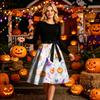 Women's Long Sleeve Halloween Dress Round Neck Casual Midi Dress with Printed Skirt and Waist Tie for Seasonal Occasion