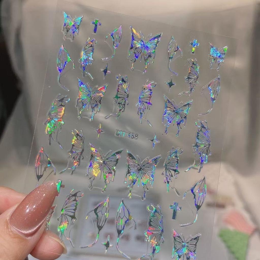 Nail Art Hand Painted Liquid Butterfly Sticker Silver Dark Waterproof Ins Hollow Black and White Silver Decals