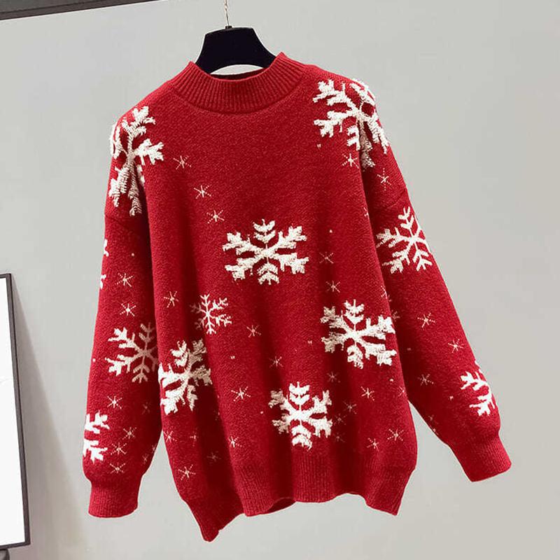 Women Christmas Sweaters Red Black Long Sleeve Jumpers Female Casual Mock Neck Pullovers Snowflake Pattern New Year Sweaters