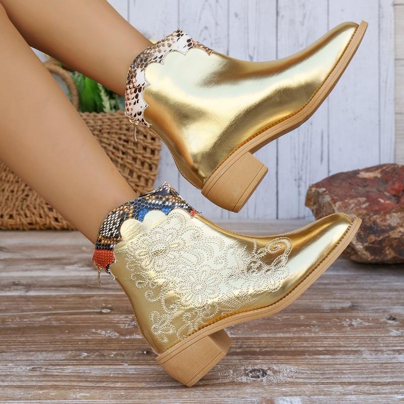 Женские одинарные ботинки Весна и Осень Новые Остроносые Вышивка Сочетание Цветов Короткие Ботинки Мода Увеличение Нескользящие Вестерн Ботинки