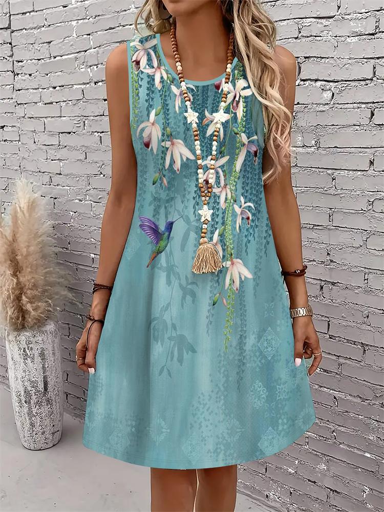 Women's Retro-Print Summer Dress Loose-Fitting Sleeveless Elegant Round-Neck Dress Stylish and Comfortable Summer Dress