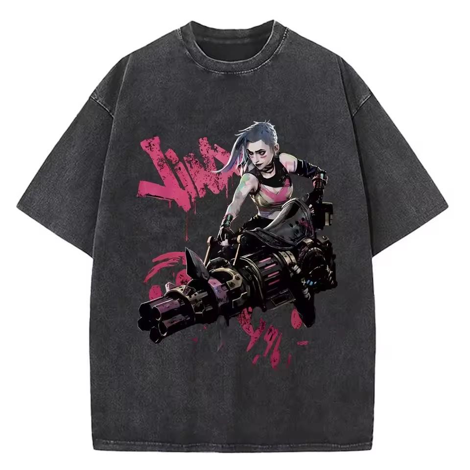 Unisex Arcane Jinx Game Fans Lover Gifts Washed Shirt Harajuku TShirt for Men Women Short Sleeve High Quality Cotton Tees