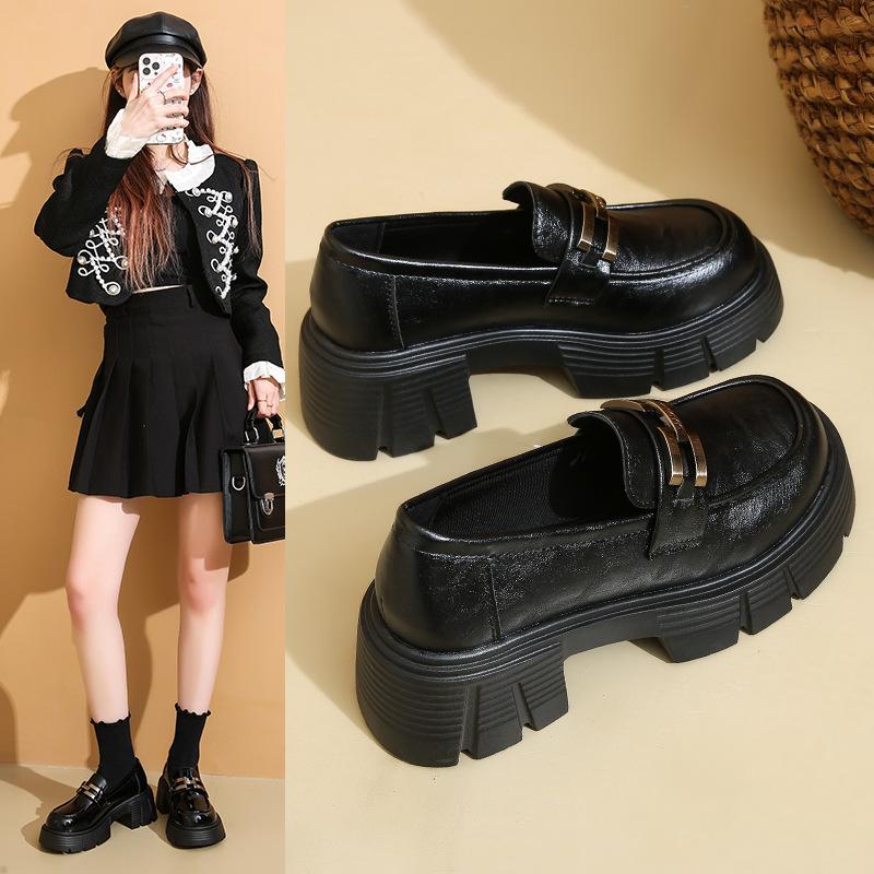 Black Retro British Style Loafer Single Shoes Women's 2025 Spring and Autumn New Thick Heel Thick Sole Height Increase with Skirt Small Leather Shoes