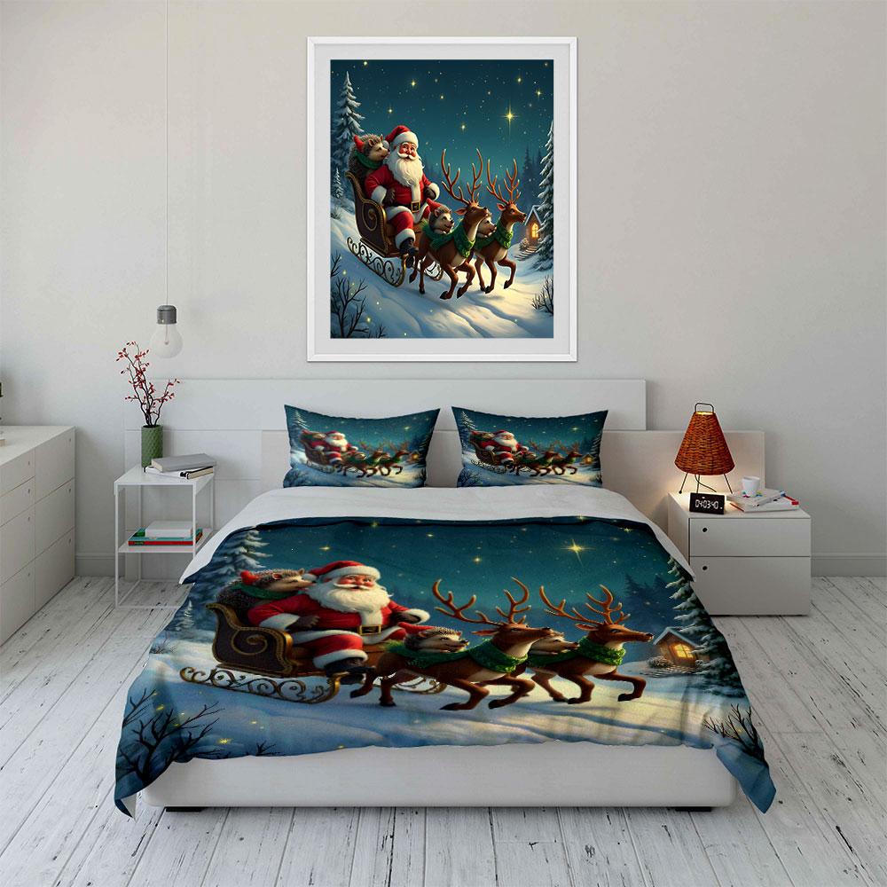 Santa Sleigh with Reindeer Bedding Duvet Cover Set Duvet Cover Pillowcases (1*Duvet Cover 2*Pillowcases, without duvet insert)
