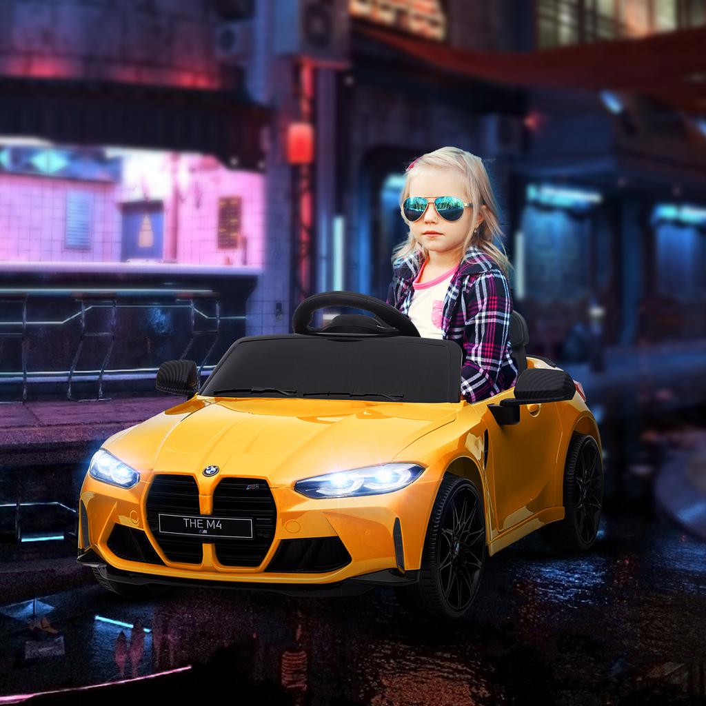Electric Kids Car BMW M4, Sound & Light, 3-5 km/h, incl. Remote Control, for 3-5 Years, Yellow